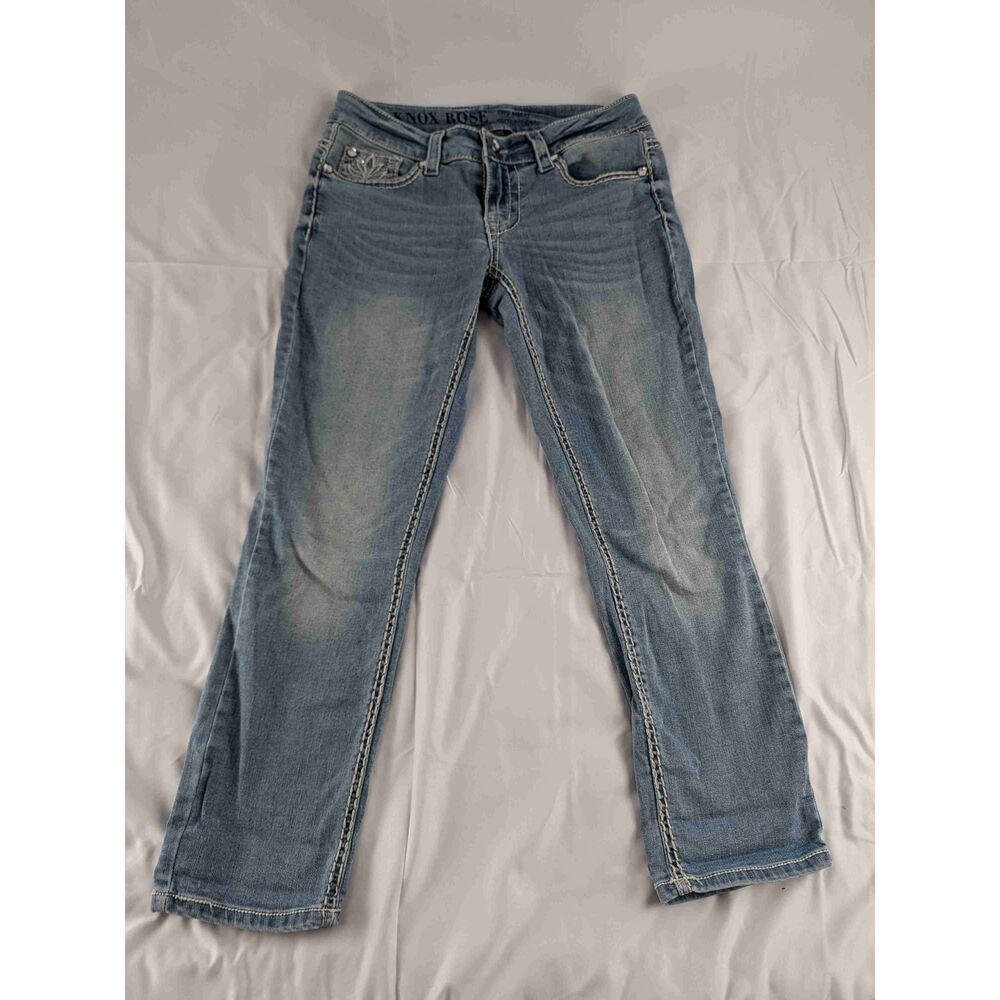 Knox Rose Blue Denim Mid Rise Crop Skinny Jeans Embellished Power Stretch Size 4